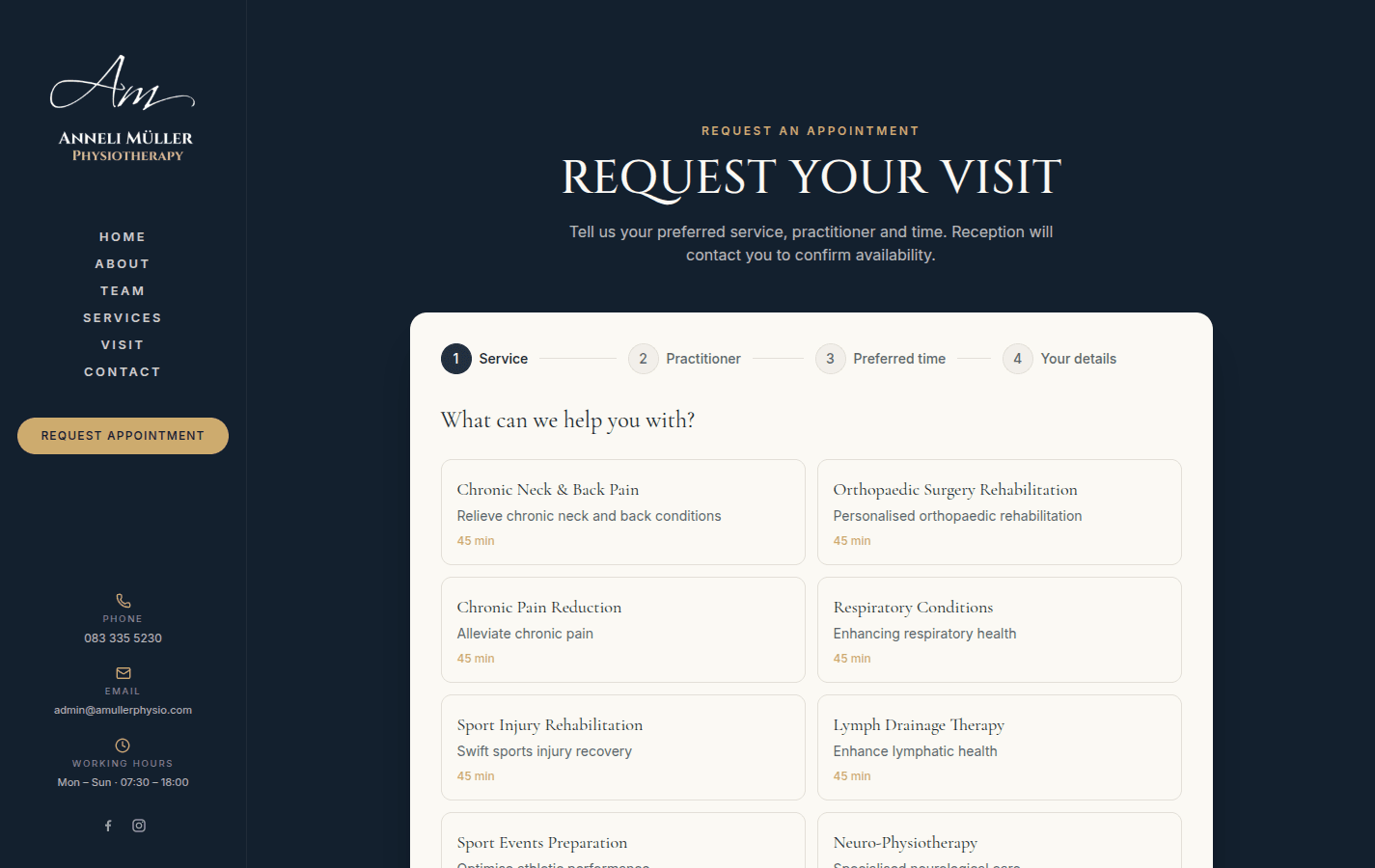Four-step appointment request wizard showing the service selection step