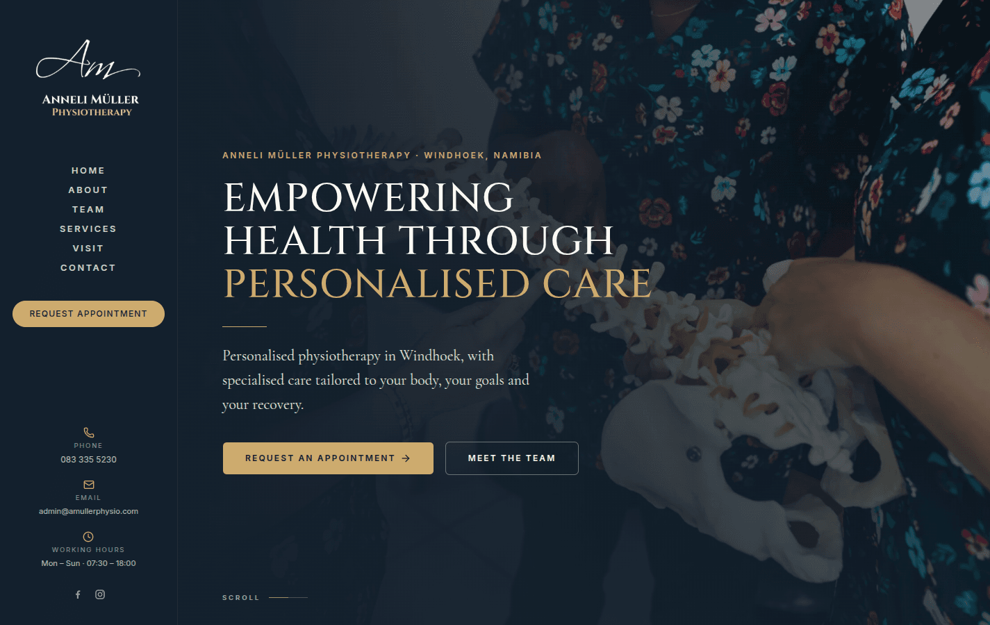 Anneli Müller Physiotherapy homepage with full-bleed hero and fixed practice sidebar