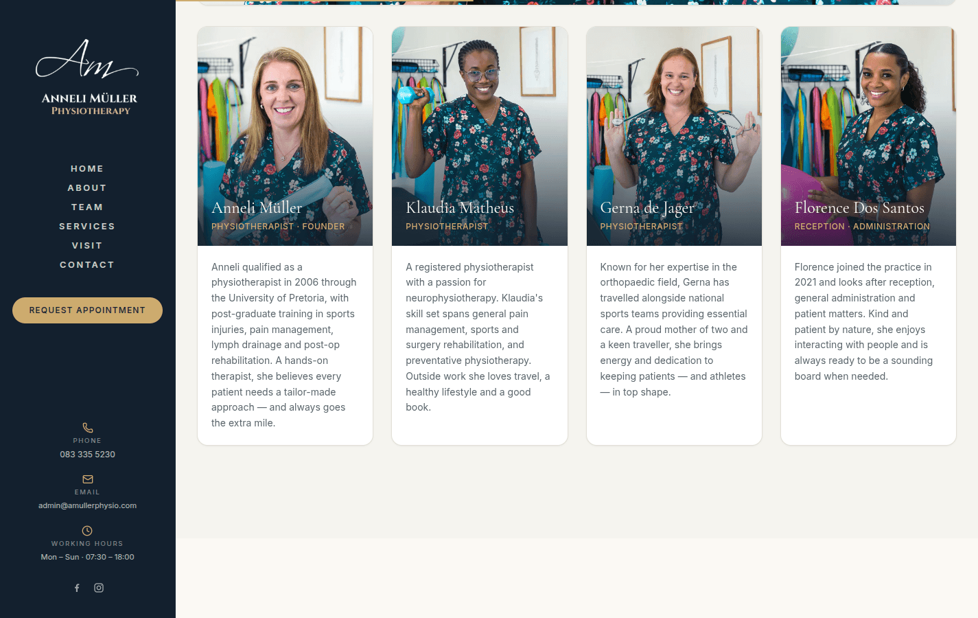 Team cards for the practice's physiotherapists and reception