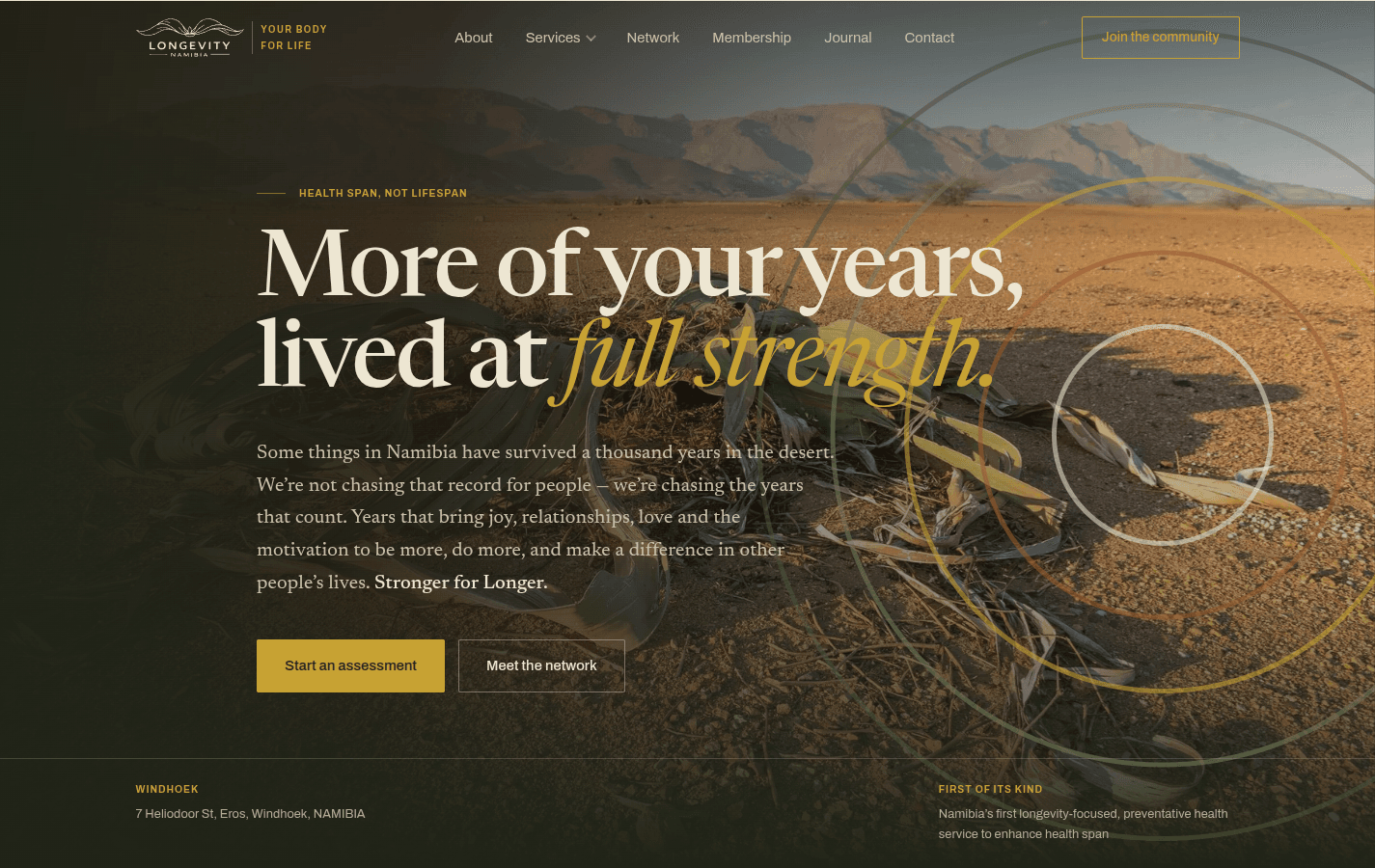 Longevity Namibia homepage hero over a welwitschia in the Namib, with the health span headline