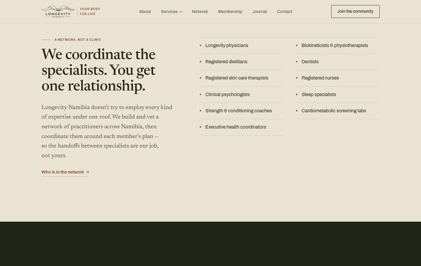 Network section listing the eleven coordinated practitioner disciplines