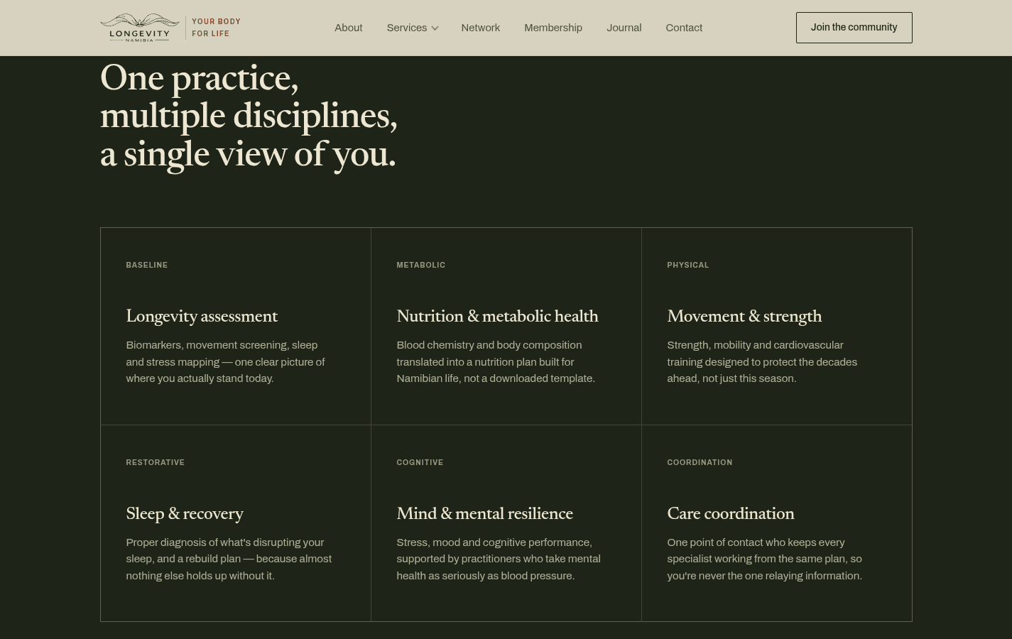 Six-discipline services grid on the dark band of the Longevity Namibia homepage