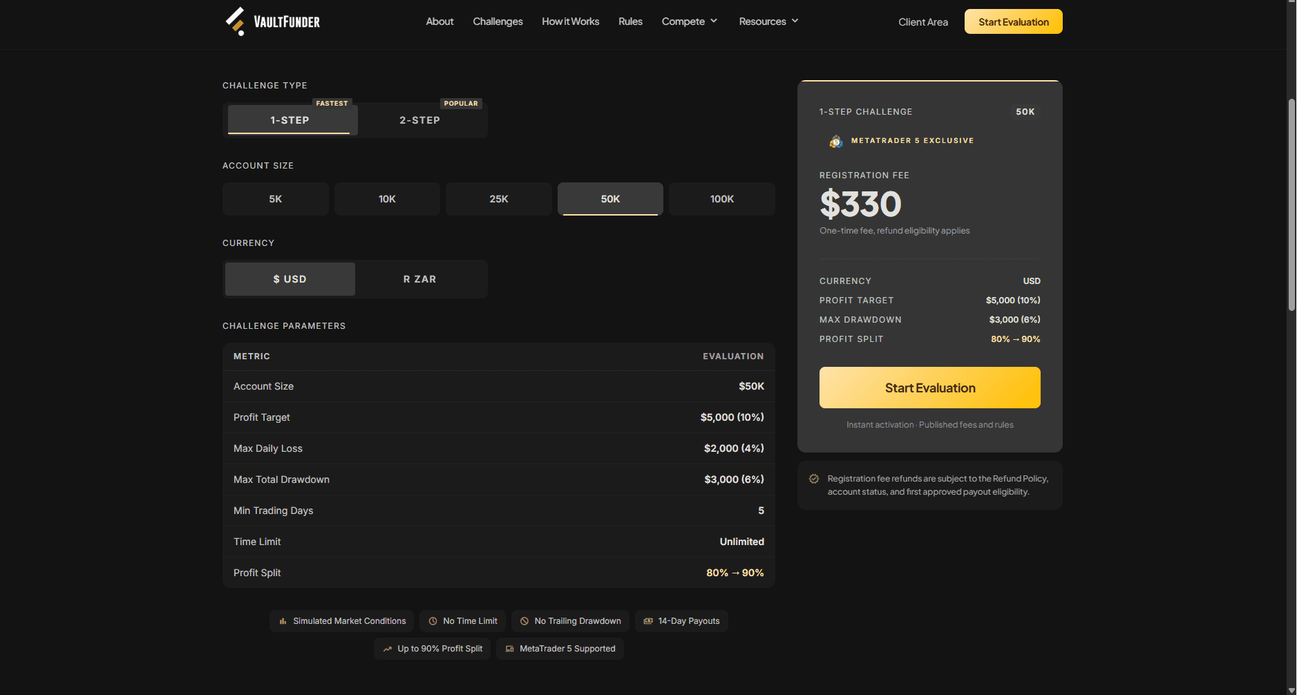 Challenge catalogue with 1-step/2-step, account-size and currency picker