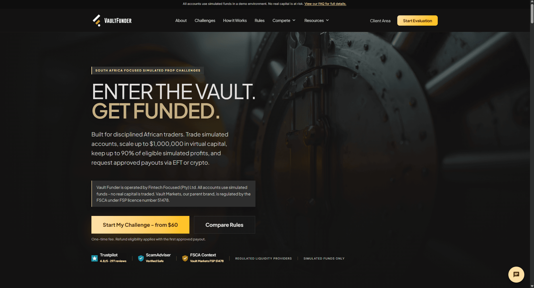 VaultFunder homepage hero with prop-trading challenge picker