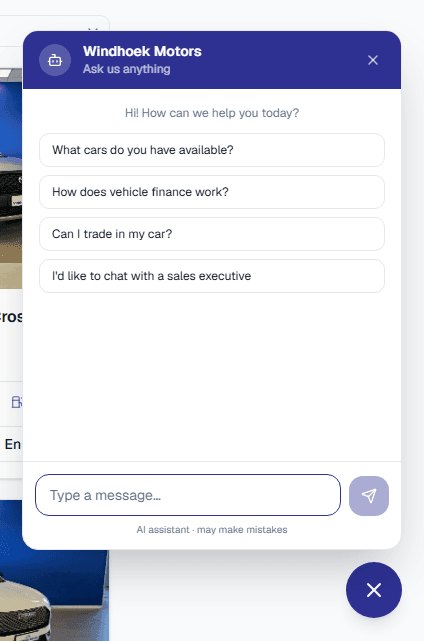 AI sales assistant answering buyer questions with WhatsApp hand-off