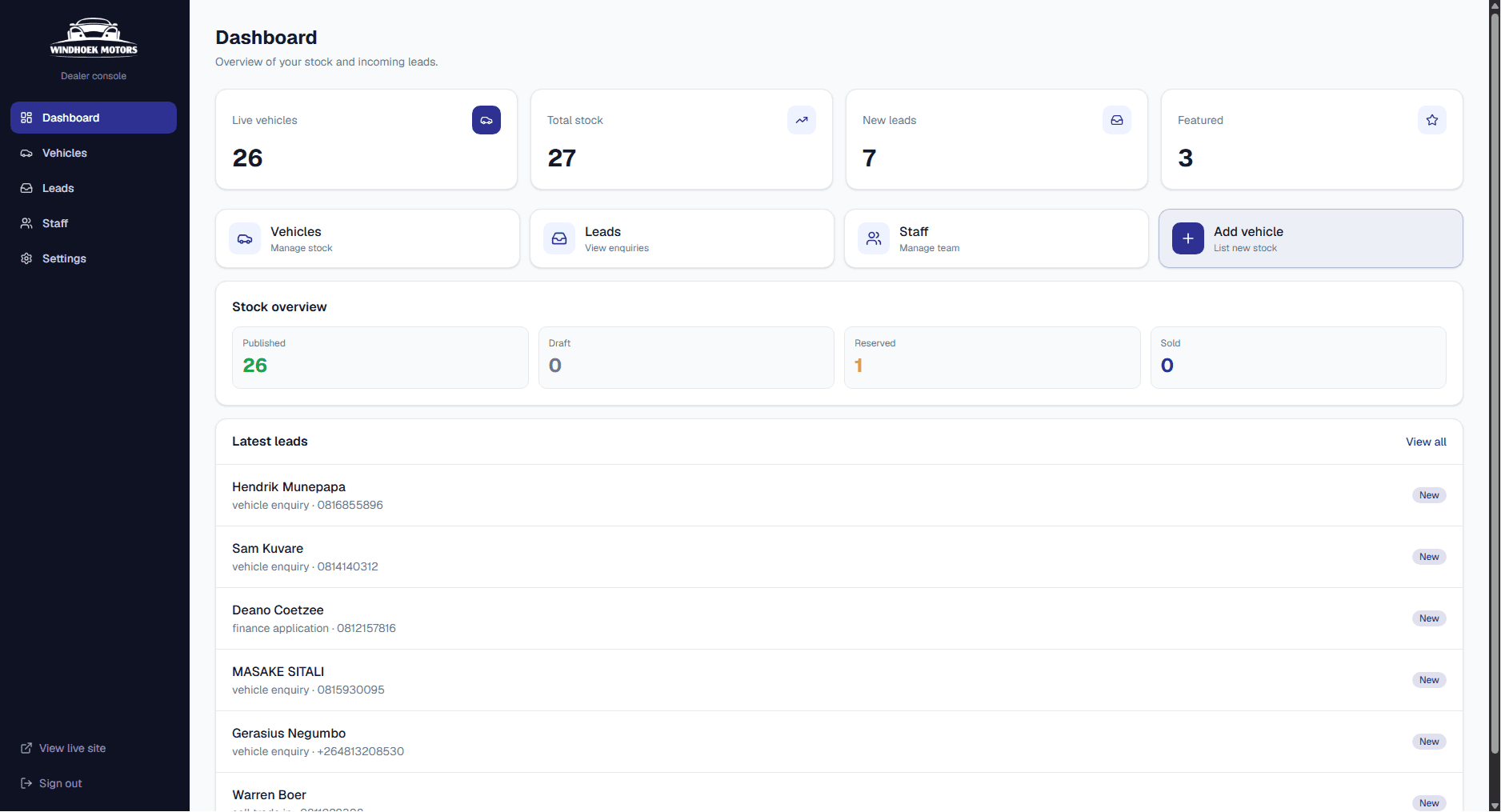 Admin dashboard with stats, vehicle management and leads CRM