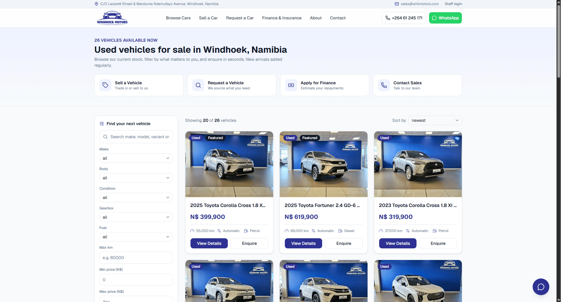 Windhoek Motors homepage with live vehicle listings and sticky filter